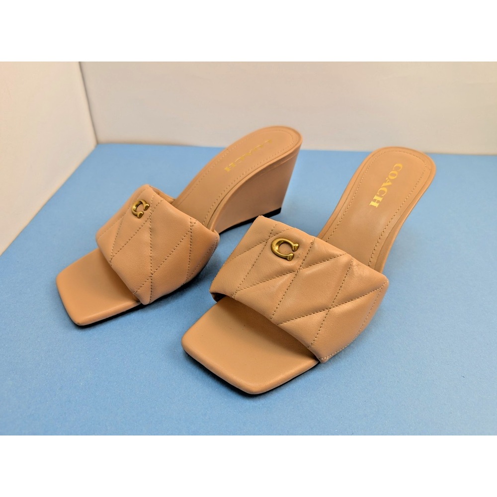 COACH Emma Quilted Wedge Slide Sandal Beige Leather CP910 Women's Size 9.5